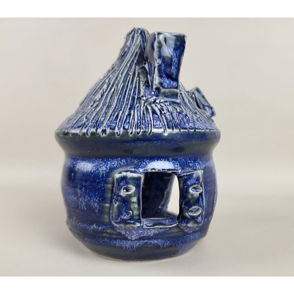 Cobalt Blue Glazed Art Pottery Fairy Cottage Tealight Candle Holder Artist Marke - Picture 5 of 14